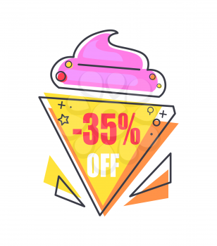 -35 off label in form of ice-cream, promo sticker with melting prices vector illustration advertisement badge isolated on white background