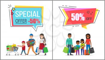 Special offer with 50 off for family shopping. Parents with children holds huge bags with purchases and carry full trolley vector illustrations.