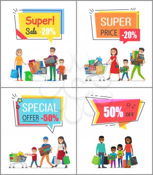 Super sale with special offer for big purchases promotional posters set. Parents and kids carry big boxes and bags in trolleys vector illustrations.