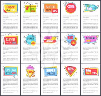 Super sale and price special offer, posters collection consisting of stickers and labels and informational text vector illustration isolated on white
