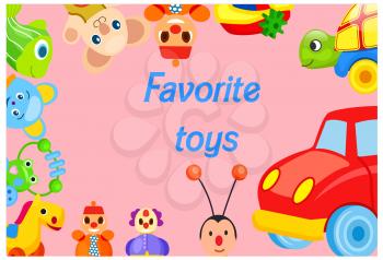 Favorite toys collection around pink background. Plastic and plush playthings vector set for male and female children amusement