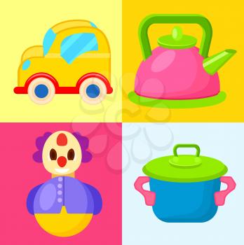 Yellow automobile, pink kettle, blue pot and tumbler toys for children amusement colorful vector poster on various backgrounds