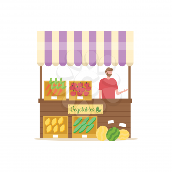 Person selling fresh and ripe veggies vector, summer market with tent and vegetables in containers, watermelon and carrots, apples and cucumbers in boxes