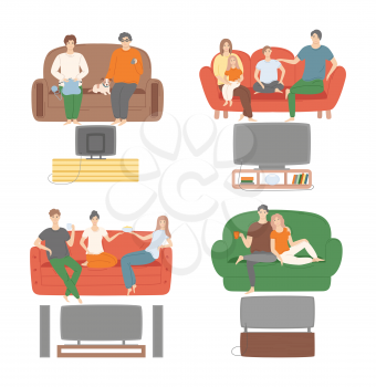 People watching tv programs together vector, family and friends looking at screens discussing events. Mother and father with kids, lady knitting hobby