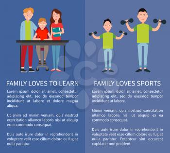Family loves sports and to learn two color banners, vector illustrations isolated on blue backdrops, father and his son with dumbbells, writing boy