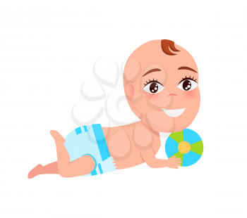 Smiling baby infant in diaper playing with color ball laying on floor, cartoon design vector illustration with little child isolated on white background