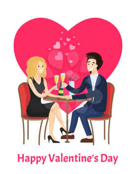 Happy Valentines day poster dating couple at table in restaurant, champagne in glasses, bouquet of flowers and bottle of alcohol, vector on pink heart