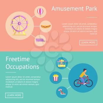 Amusement park and freetime occupation, web pages set with text and headline with buttons, kid riding bicycle and ferris wheel vector illustration