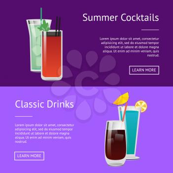 Classic drinks summer cocktails colorful posters, vector illustration with four various beverage, text sample, push buttons, straws mint and orange