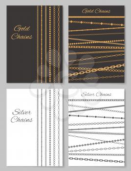 Gold and silver chains promotional posters set. Accessory made of precious metals in vertical and horizontal positions vector illustrations on banner.