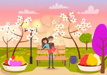 Man with mustache holds cheerful girl in his arms in garden with flowering trees, brown bench and color flower beds vector illustration