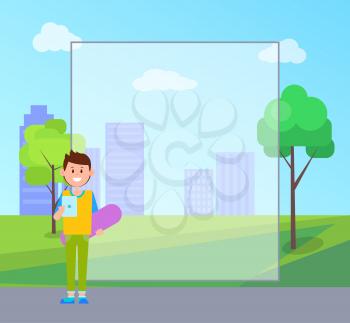 Teenager with tablet and skateboard, cityscape and filling form, trees and buildings, scyscrapers and nature, street and boy, vector illustration