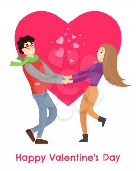 Happy Valentines day poster lovers merrily hold hands, young couple have fun together, pink hearts symbols of love on background vector illustration