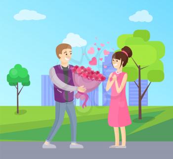 Man presenting luxury bouquet of flowers to woman, vector illustration of dating couple in love vector isolated on background of skyscrapers in park