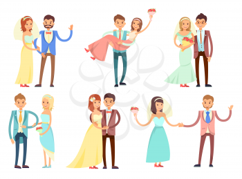 Happy newlywed couples composed of women in wedding gowns and veils who hold bouquets, and men in stylish suits cartoon vector illustrations set.