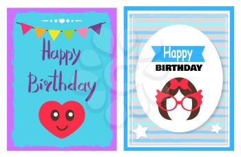 Happy Birthday cards collection with headlines and heart with smile and flags, hairstyle and glasses, star and pattern isolated on vector illustration