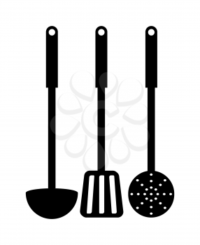 Three patterns black and white vector illustration with soup ladle, kitchen spatula, spoon with lot of holes, rectangular handles, white backdrop