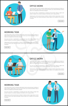 Office work task bright cards vector illustration with text sample, frame push-buttons and six workers in blue circles isolated on white background