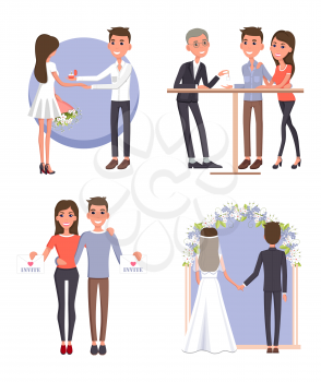 Couple gets ready for big wedding ceremony, sends invitations and organizes honeymoon isolated cartoon vector illustrations set on white background.