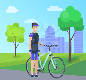 Male with bike, special suit in city park vector illustration on background of skyscrapers. Man in cap, side view, stand near bicycle in cartoon style