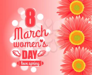 International womans day holiday celebrated on eight of March, flowers in shape of 8 vector illustration greeting card design isolated blurred pink