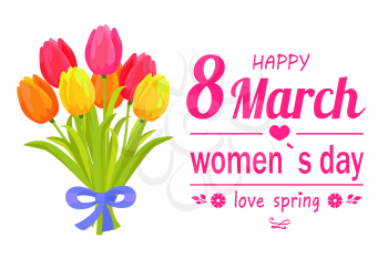 8 March ladys day, love spring lettering of pink color with ribbon tulips and flowers symbolic items, vector illustration isolated on white background