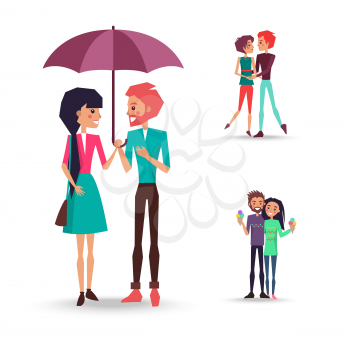 Vector illustration of enamored girls and boys stands under lilac umbrella, holds ice cream, embrace and looking at each other.