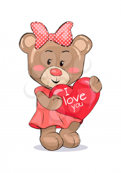 Bear female holding red heart with text I love you, wearing pink dress, head decorated by dotted bow fluffy stuff teddy-bear isolated on white vector