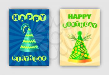 Happy birthday banners set vector illustration of glossy cones with stripes and ball on top, lines collection on background, cute geometric ornament