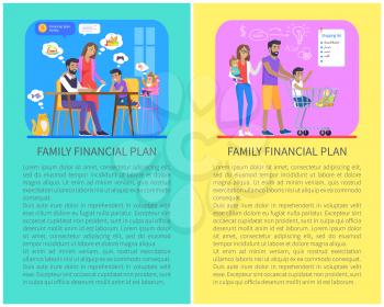 Family financial plan posters people shopping according to list, boy in trolley pulled by father mother carrying daughter on hands vector illustration