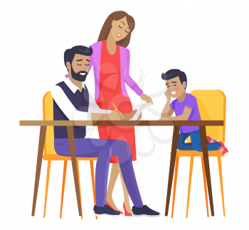 Happy calm family isolated on white poster, vector illustration of joyful father, mother and small son which together planning future, making homework
