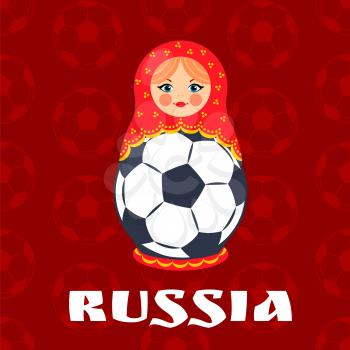 Russia football symbol isolated on red backdrop vector illustration of cute nesting doll holding a soccer ball, seamless ornament, national symbolism