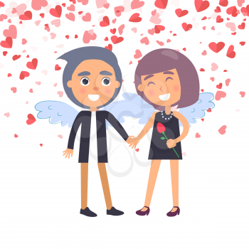 Smiling woman in clothes and man in suit, couple with wings. Boyfriend and girlfriend Valentine day. Boy holding and looking at girl with flower vector