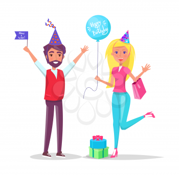 Man and woman in cartoon cone shape hats greeting everyone isolated on backdrop with confetti. Male with flag and woman with balloon on birthday party