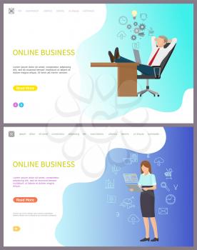 Online business, boss company leader relaxing at workplace vector. Lady with laptop, holding computer and searching for digital information, internet. Website or webpage template, landing page in flat