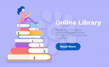 Online library woman reading books on publication pile web vector. Information gaining, obtaining knowledge, exam preparation page with text sample