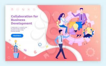 Collaboration business development, team on meeting vector. Lightbulbs growing in pot, workers with ideas and innovative thoughts, solution of problem. Website or webpage template landing page in flat