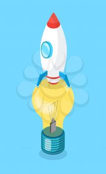 Rocket standing on lightbulb, vertically view of objects, colorful spacecraft with circle window and yellow glass lamp, 3D energy equipment on blue vector. Startup of idea