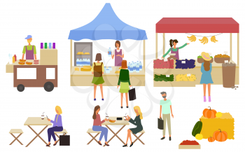 Vendor selling organic farm products. Street food stall, kiosk. Outdoor cafe. People eating hot dogs and coffee. Marketplace concept vector illustration