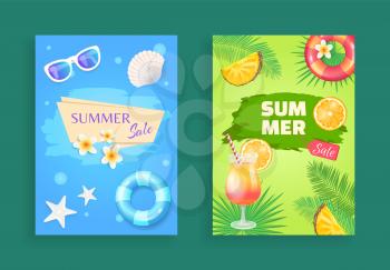 Summer sale vector shaped ribbon, leaflet sample. Inflatable ring and flower, sun glasses, star and shell, pieces of fruit, palm leaves and cocktail