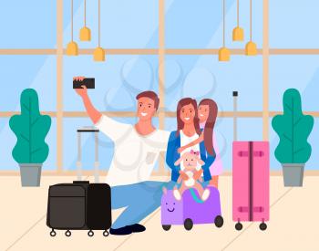 Family photo in airport, mother holding daughter, father photographing. People taking photo in departure lounge, man and woman with baggage vector