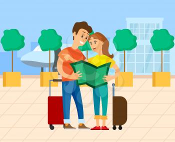 Man ana d woman travelers arrival, female holding man, guide outdoor. Smiling tourists standing with baggage outdoor, airplane and airport vector
