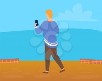 Back view of man or woman making photo of amazing landscape from high point. Vector cartoon person with smartphone, communication and chatting concept