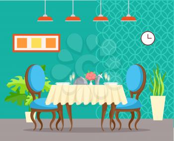 Luxury restaurant interior vector, table with tablecloth and vase with flowers. Plants in pots decorating room, ornaments on wall, lamp and time clock
