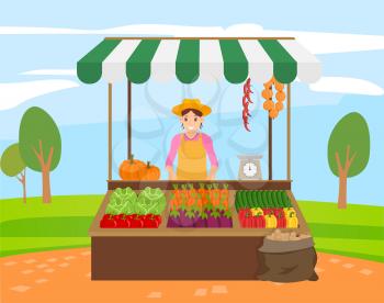 Seller with products from harvested field vector, woman with vegetables in boxes. Cucumber and carrots, fresh and ripe veggies, pepper and pumpkin