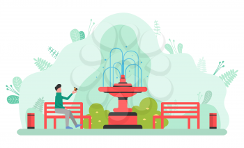 Fun and recreation in park vector, man sitting on wooden bench. Person surrounded by bushes and foliage. Fountain with water, natural resources quiet