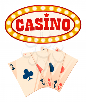Casino gambling games vector, isolated set of icons. Playing cards aces on papers, banner with golden glowing frame. Retro framing of inscription