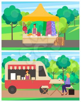Cafe at street fair in spring vector, clothing seller with clothes dresses and jackets. Shoes and fabric for women person drinking coffee bought from truck in park