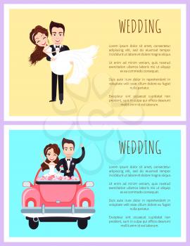 Wedding postcard or invitation, happy newlywed standing in holiday car with flowers, groom holding bride, woman in white dress and man in suit vector