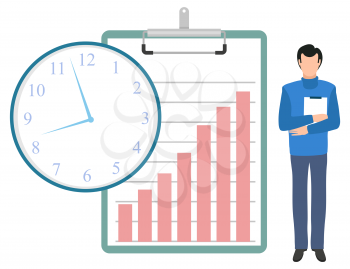 Man holding documents in hands vector, businessman with clipboard paper and information. Male with clock, time management flat style business analytics